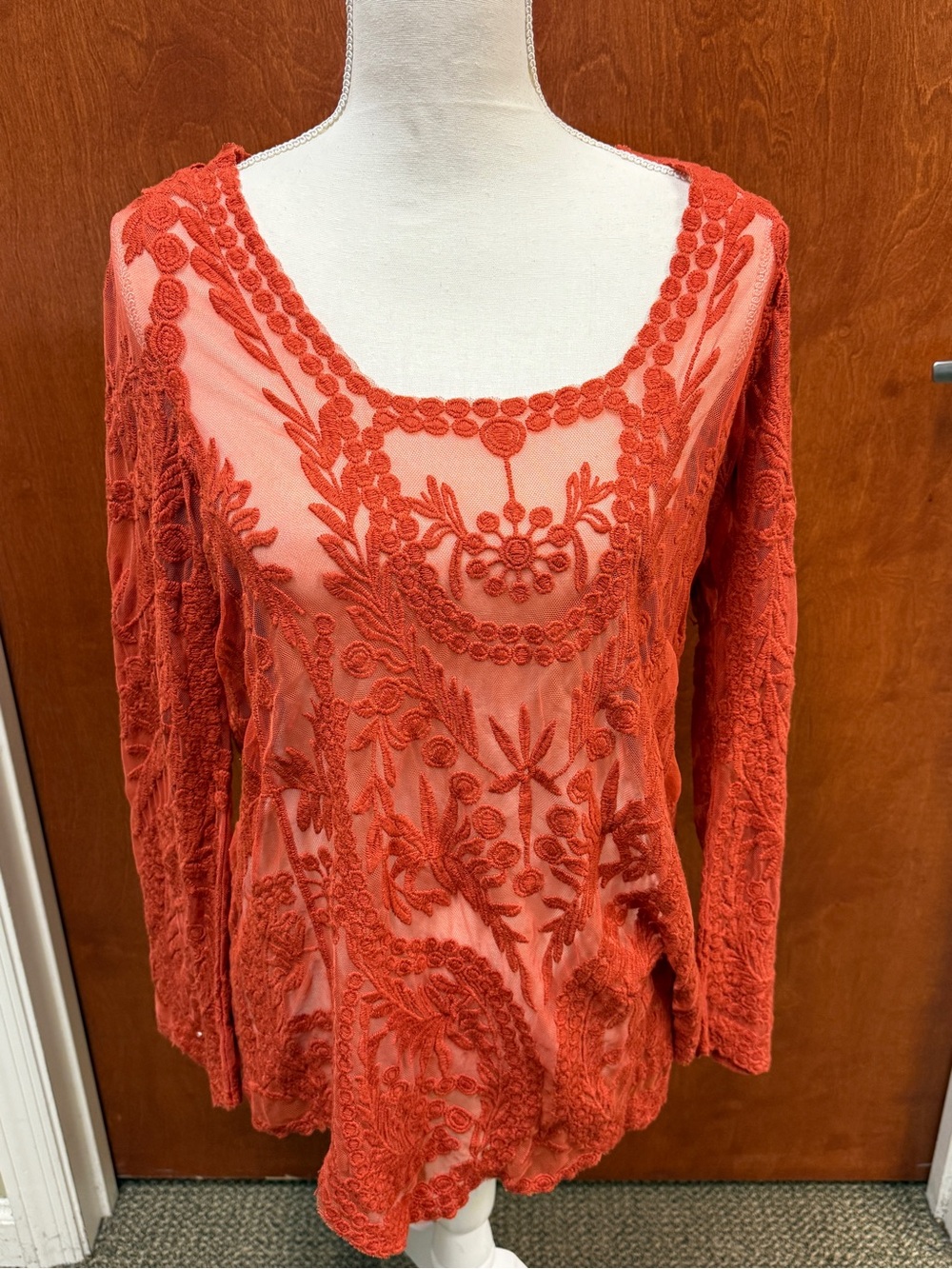 Umgee Rust Embroidered Mesh Lace Boho Top M/L High Low